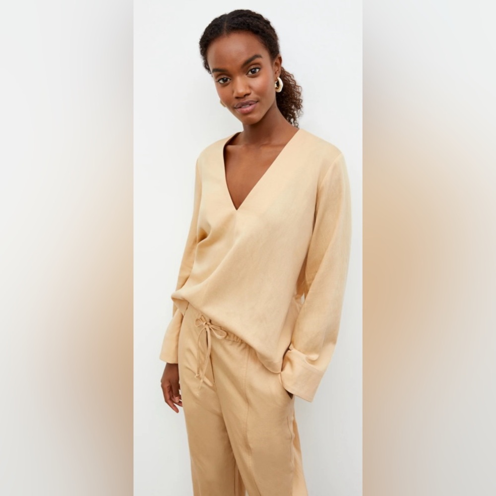 NWT M.M. LAFLEUR The Annette Top Everyday Twill long sleeves flowy butter sz S